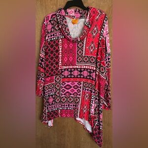 Ruby Rd Woman Pullover Cowl Neck Tunic/Top With Long Sleeve Geometric Aztec 3X